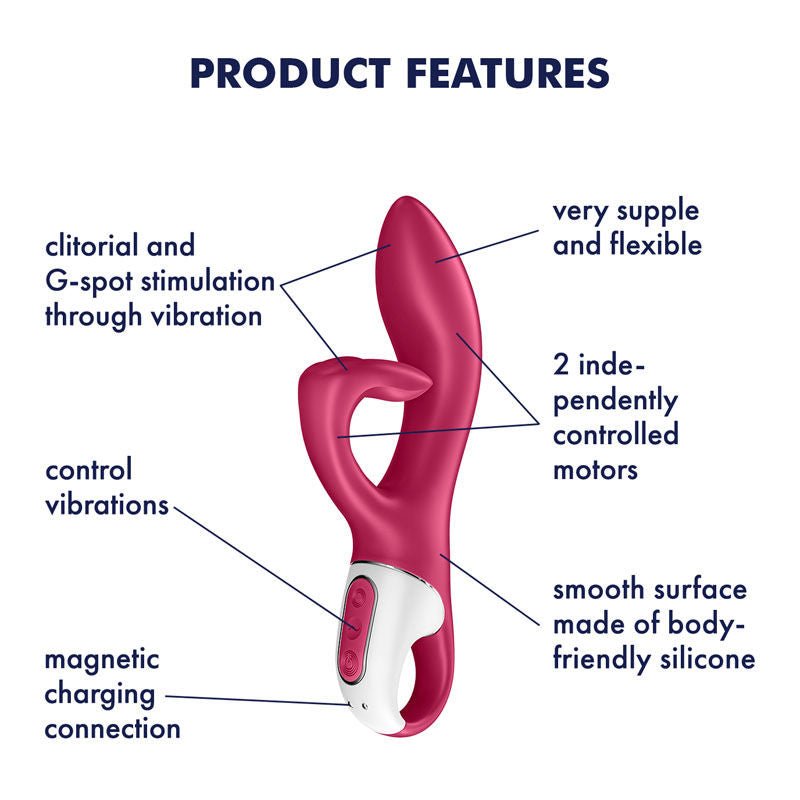 Satisfyer - embrace me - rabbit vibrator - red, Product side view, with specifications  | Flirtybay.com.au