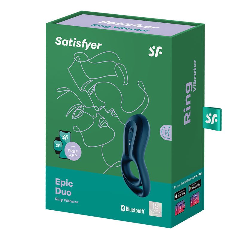 Satisfyer - epic duo - app controlled cock ring -  blue, box side view | Flirtybay.com.au