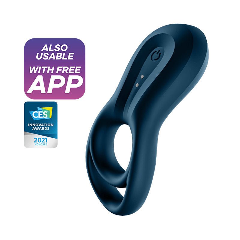 Satisfyer - epic duo - app controlled cock ring - blue, Product side view, with app  | Flirtybay.com.au