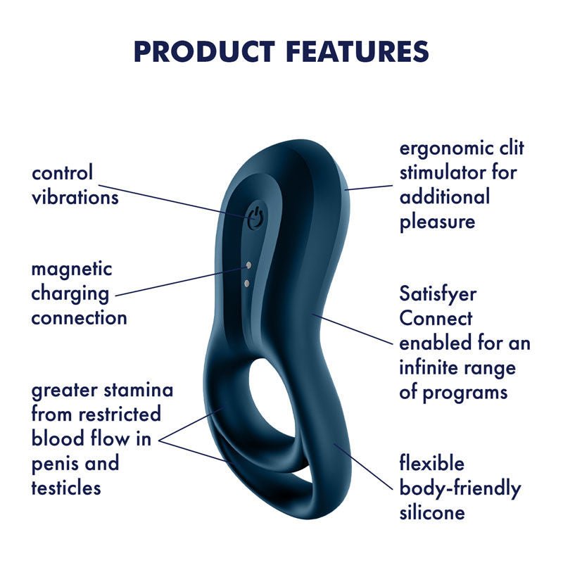 Satisfyer - epic duo - app controlled cock ring - blue, Product side view, with specifications  | Flirtybay.com.au