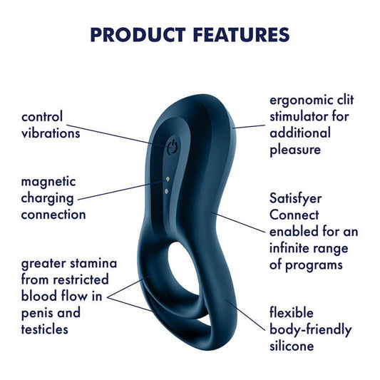 Satisfyer - epic duo - app controlled cock ring - blue, Product side view, with specifications  | Flirtybay.com.au