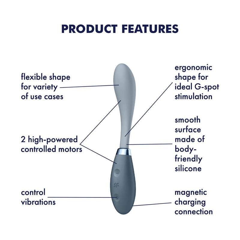 Satisfyer - g-spot flex 3 - g-spot vibrator - Grey, Product side view, with specifications  | Flirtybay.com.au