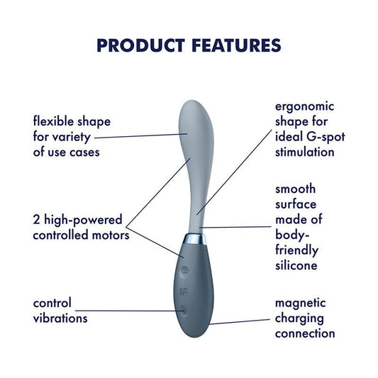 Satisfyer - g-spot flex 3 - g-spot vibrator - Grey, Product side view, with specifications  | Flirtybay.com.au