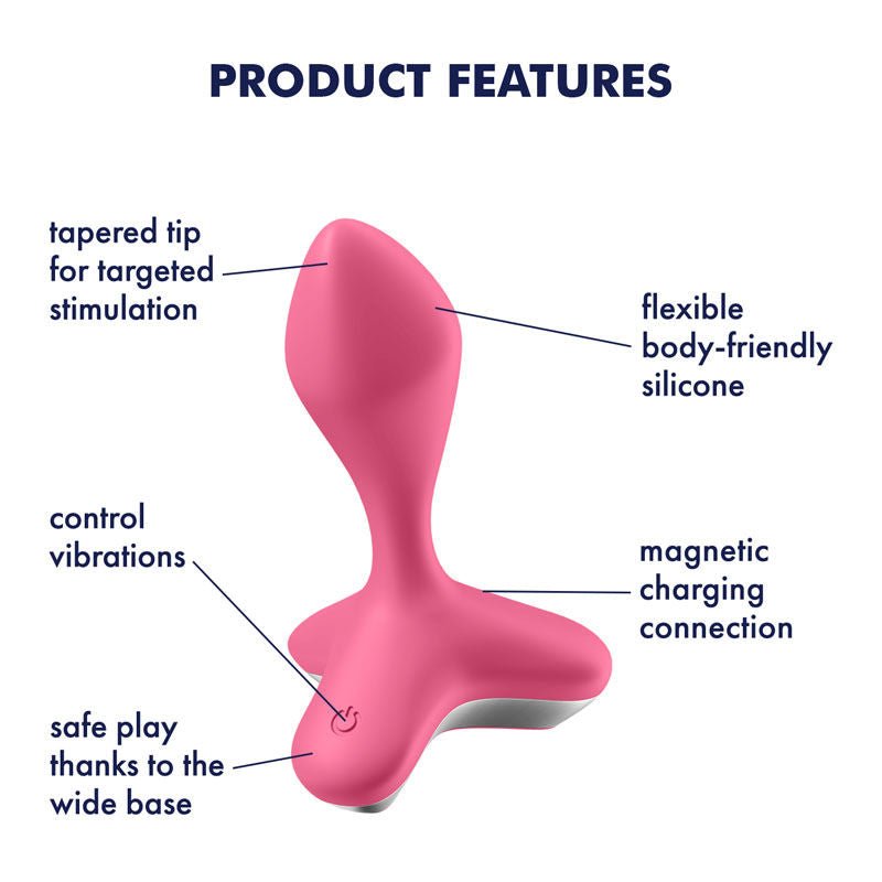 Satisfyer - game changer - vibrating butt plug - Pink, Product side view, with specifications  | Flirtybay.com.au