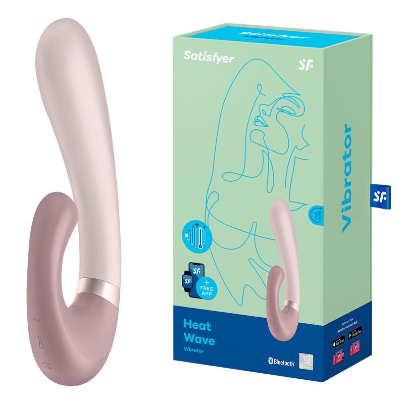 Satisfyer - heat wave - app controlled rabbit vibrator - Pink, Product side view and box side view | Flirtybay.com.au