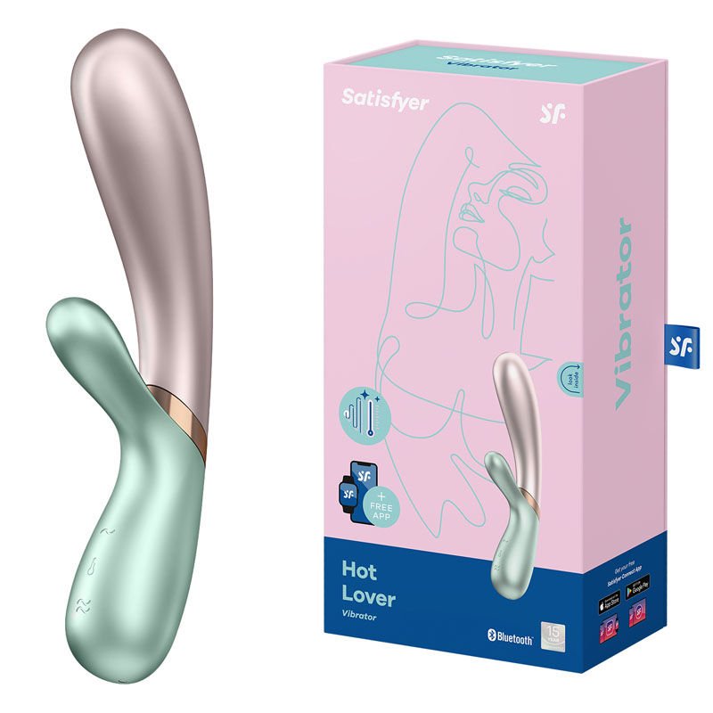Satisfyer - hot lover - app controlled rabbit vibrator - Green, Product side view and box side view | Flirtybay.com.au