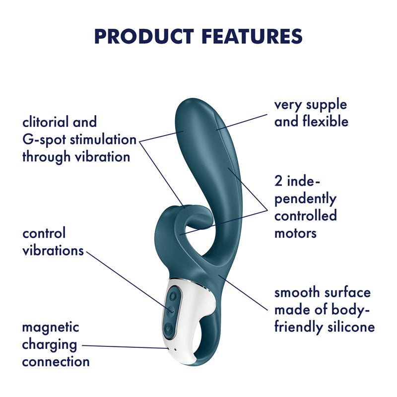 Satisfyer - hug me - controlled rabbit vibrator - Blue, Product side view, with specifications  | Flirtybay.com.au