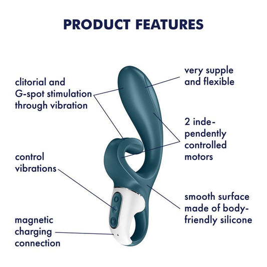 Satisfyer - hug me - controlled rabbit vibrator - Blue, Product side view, with specifications  | Flirtybay.com.au