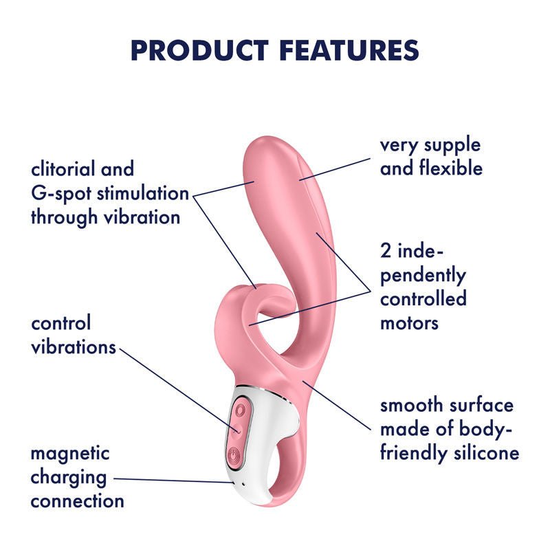 Satisfyer - hug me - controlled rabbit vibrator - pink, Product side view, with specifications  | Flirtybay.com.au