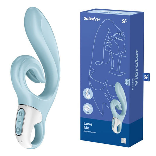Satisfyer - love me - rabbit vibrator - blue-Product side view and box side view | Flirtybay.com.au