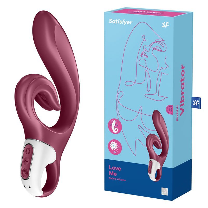 Satisfyer - love me - rabbit vibrator - red-Product side view and box side view | Flirtybay.com.au