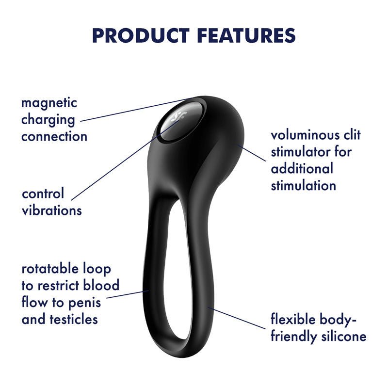 Satisfyer - majestic duo - vibrating cock ring - Product side view, with specifications  | Flirtybay
