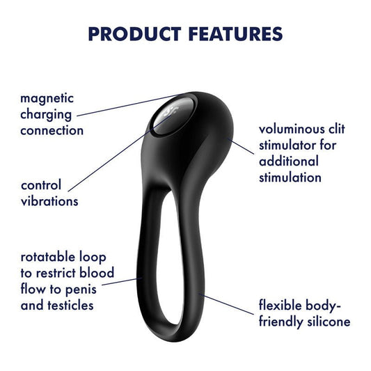 Satisfyer - majestic duo - vibrating cock ring - Product side view, with specifications  | Flirtybay