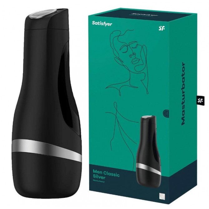 Satisfyer - men classic - male masturbator - black and silver, Product front view and box side view | Flirtybay.com.au
