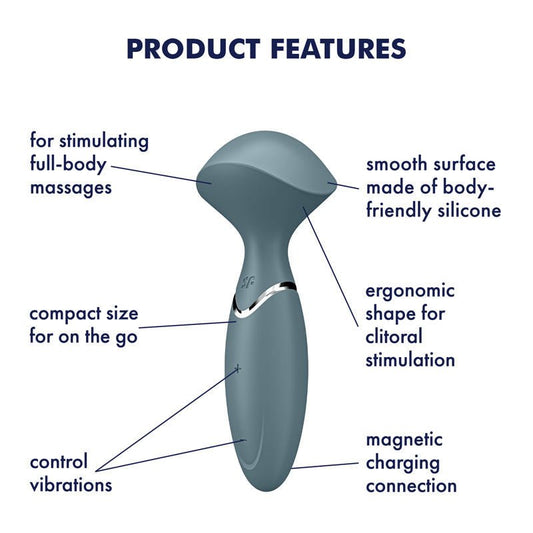 Satisfyer - mini wand-er - clitoral vibrator - Grey, Product side view, with specifications  | Flirtybay.com.au