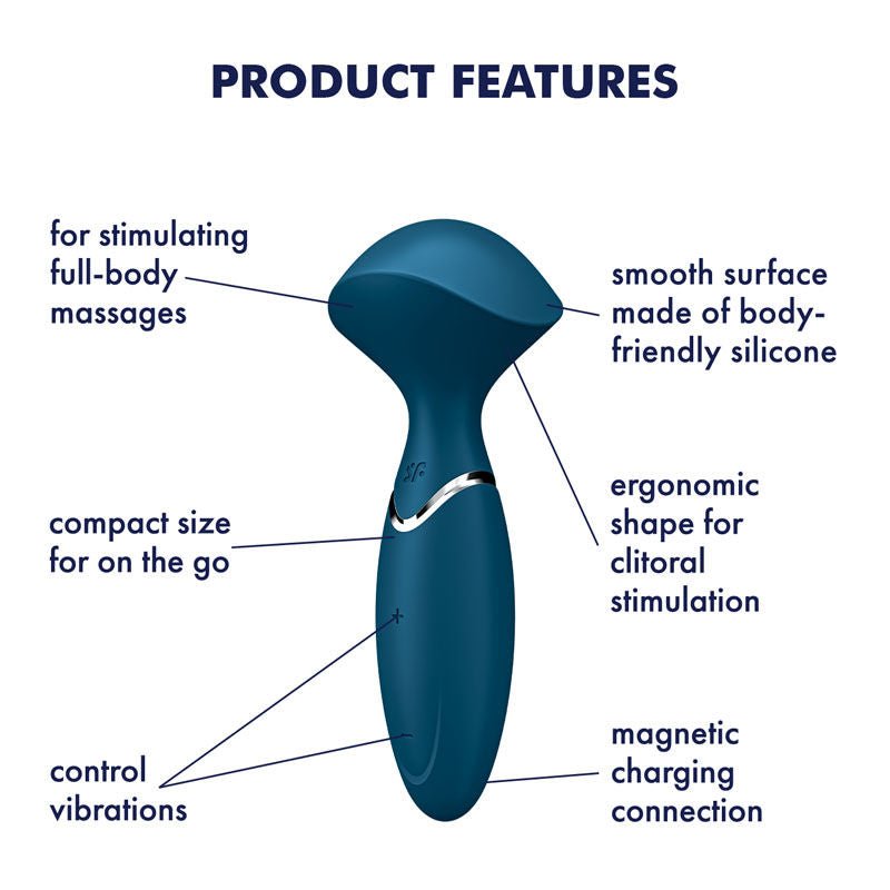Satisfyer - mini wand-er - clitoral vibrator - blue, Product side view, with specifications  | Flirtybay.com.au