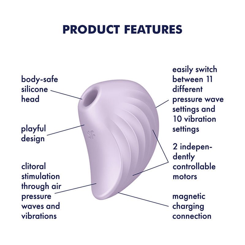 Satisfyer - pearl diver - clitoral suction stimulator - purple, Product side view, with specifications  | Flirtybay.com.au