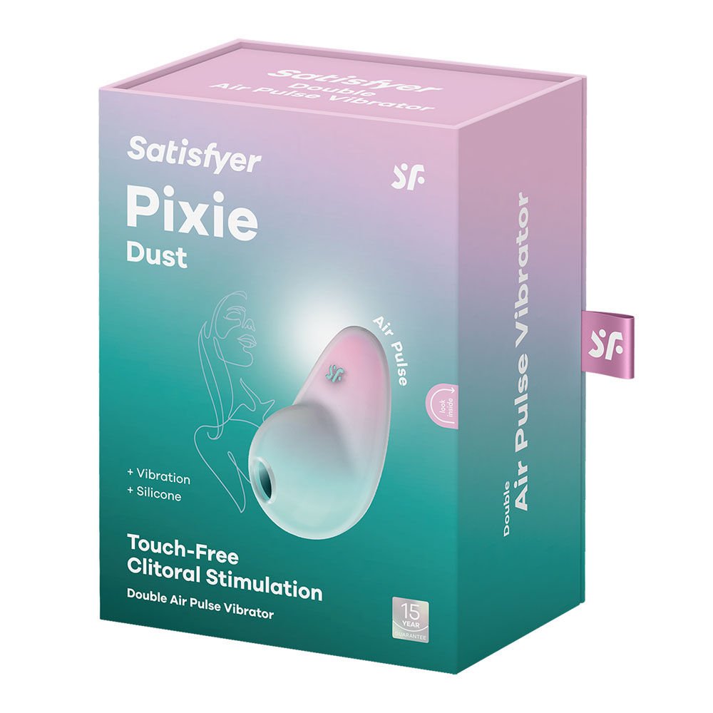 Satisfyer pixie dust - mint - pink - pressure wave vibrator -  box side view | Flirtybay.com.au