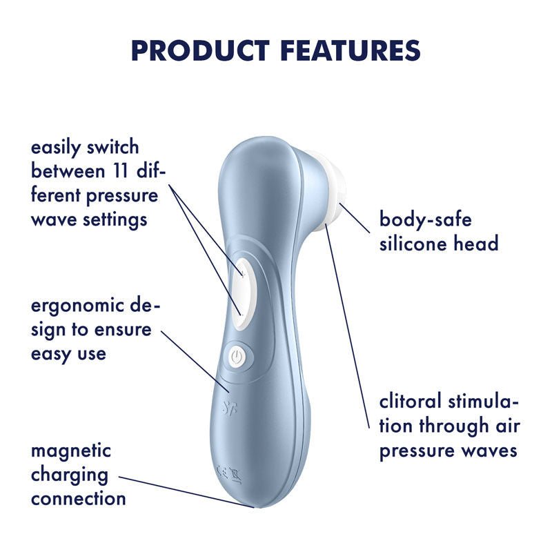 Satisfyer pro 2 - clitoral suction stilulator - blue- Product back view, with specifications  | Flirtybay.com.au