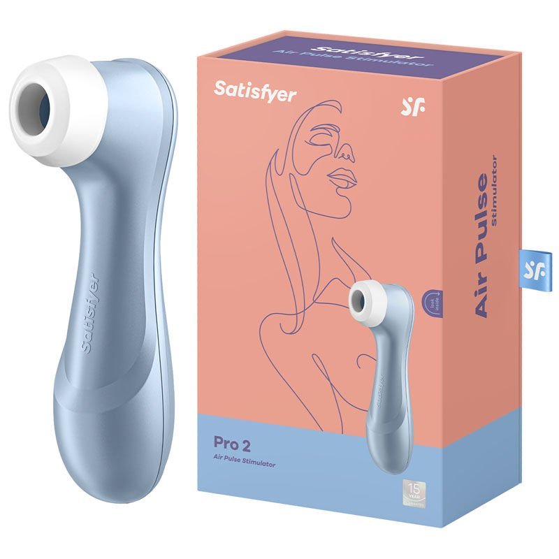 Satisfyer pro 2 - clitoral suction stilulator - blue-Product side view and box side view | Flirtybay.com.au