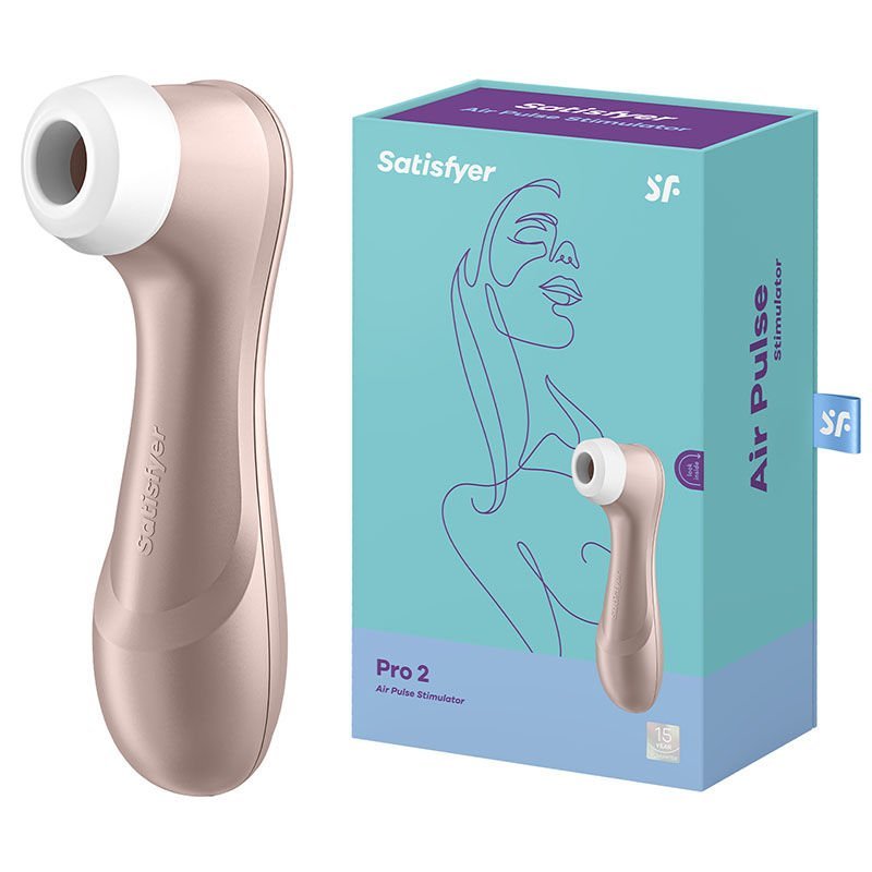 Satisfyer pro 2 - clitoral suction stilulator - gold-Product side view and box side view | Flirtybay.com.au