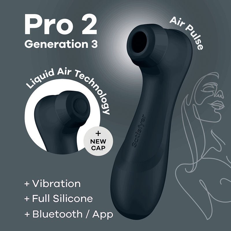 Satisfyer pro 2 generation 3 - app controlled clitoral suction stimulator - black, Product side view, show air pulse  | Flirtybay.com.au