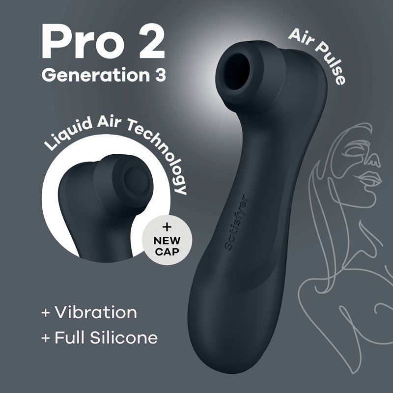 Satisfyer pro 2 generation 3 - clitoral suction stimulator - black, Product side view, show air pulse  | Flirtybay.com.au