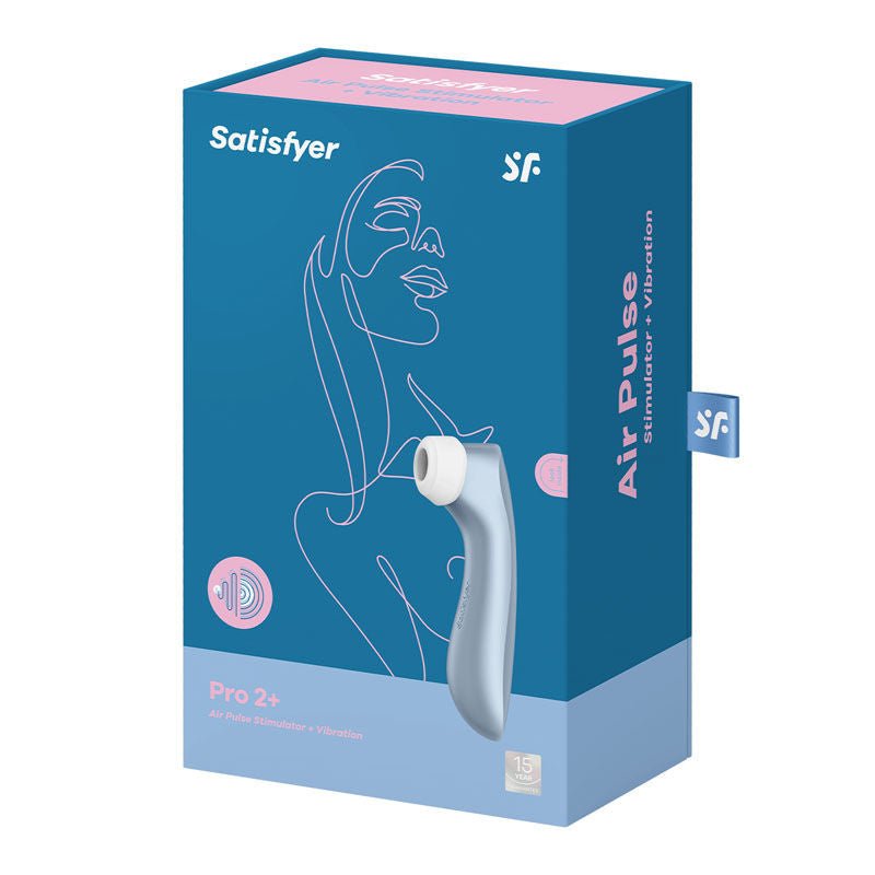 Satisfyer pro 2+ - clitoral suction stimulator -  blue, box side view | Flirtybay.com.au