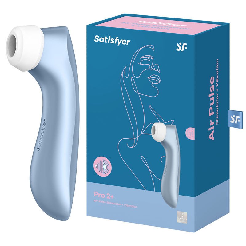 Satisfyer pro 2+ - clitoral suction stimulator - blue, Product side view and box side view | Flirtybay.com.au