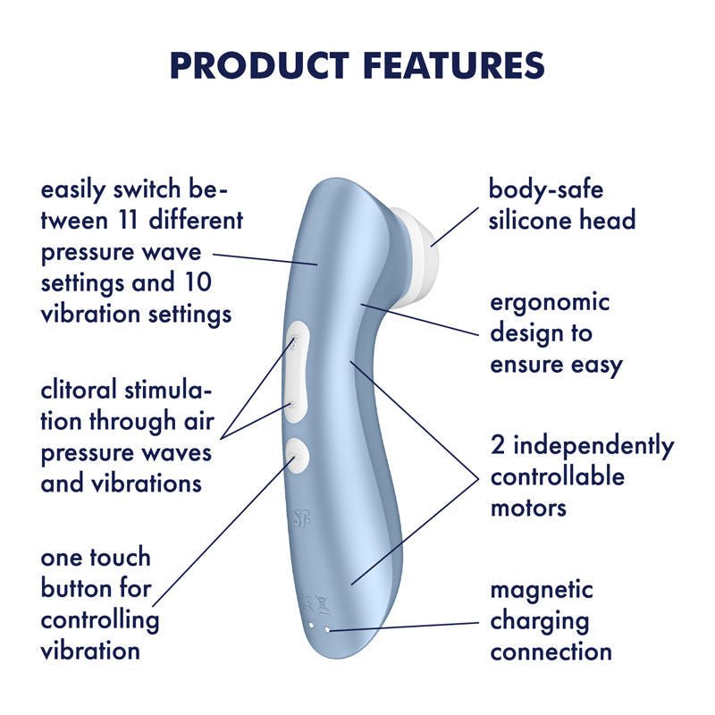 Satisfyer pro 2+ - clitoral suction stimulator - blue, Product side view, with specifications  | Flirtybay.com.au