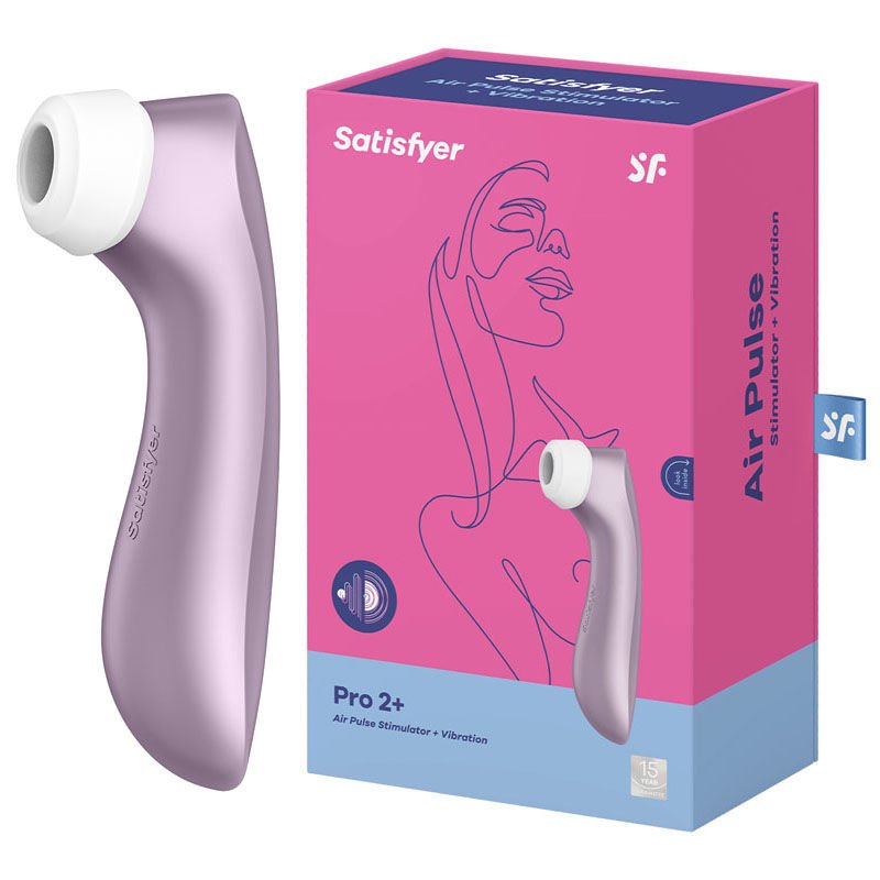 Satisfyer pro 2+ - clitoral suction stimulator - purple, Product side view and box side view | Flirtybay.com.au