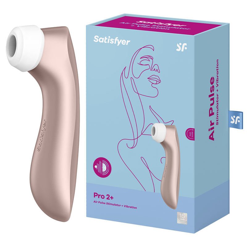 Satisfyer pro 2+ - clitoral suction stimulator - rose-gold, Product side view and box side view | Flirtybay.com.au