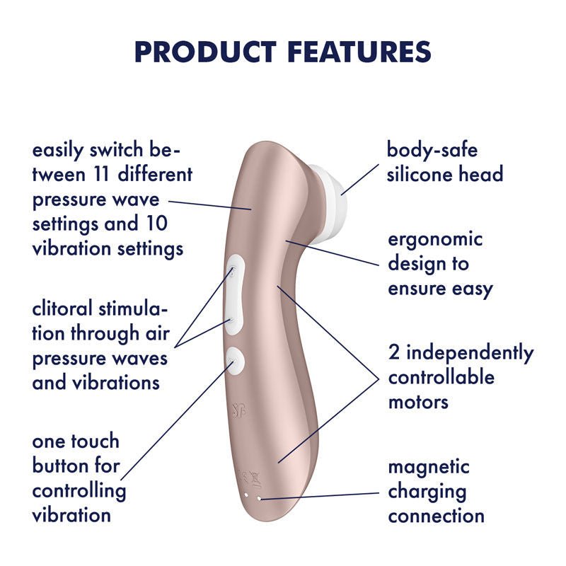 Satisfyer pro 2+ - clitoral suction stimulator - rose-gold, Product side view, with specifications  | Flirtybay.com.au