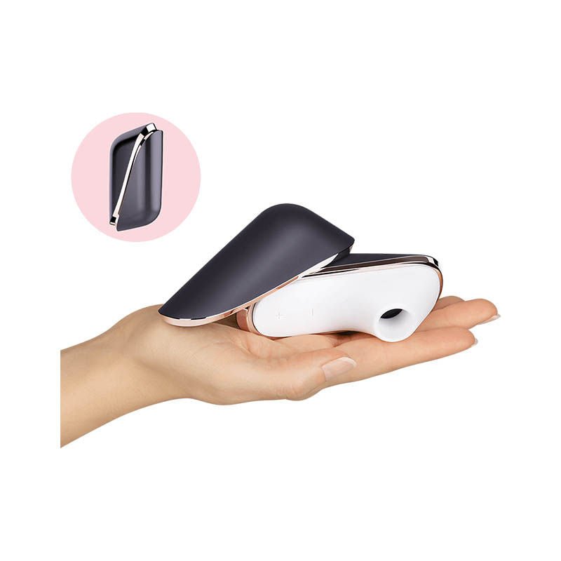 Satisfyer - pro traveller - clitoral suction stimulator - Product side view, in a hand  | Flirtybay.com.au