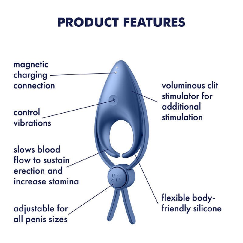 Satisfyer - sniper - cock ring - blue, Product side view, with specifications  | Flirtybay.com.au