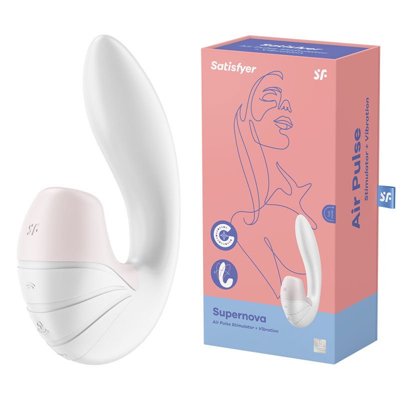 Satisfyer supernova - rabbit vibrator - White, Product side view and box side view | Flirtybay.com.au