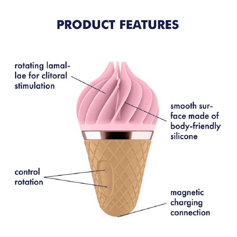 Satisfyer - sweet treat spinnator - clitoral vibrator - Product front view, with specifications  | Flirtybay.com.au