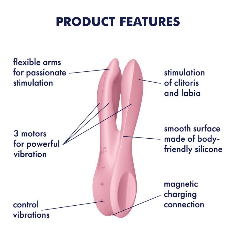 Satisfyer - threesome 1 - clitoral vibrator - Pink, Product side view, with specifications  | Flirtybay.com.au