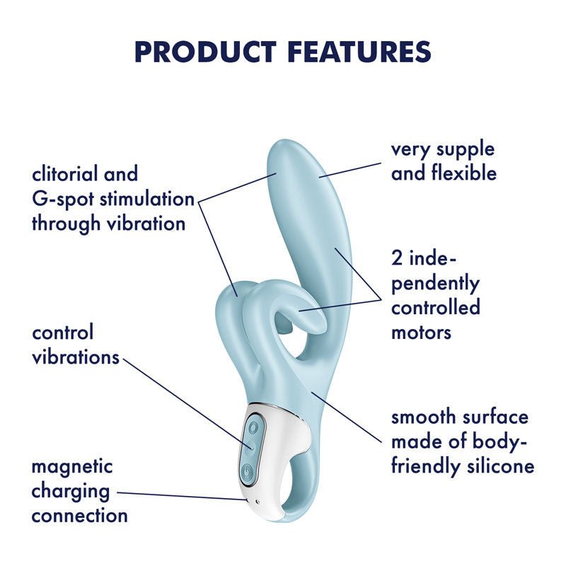 Satisfyer touch me - rabbit vibrator - Blue, Product side view, with specifications  | Flirtybay.com.au