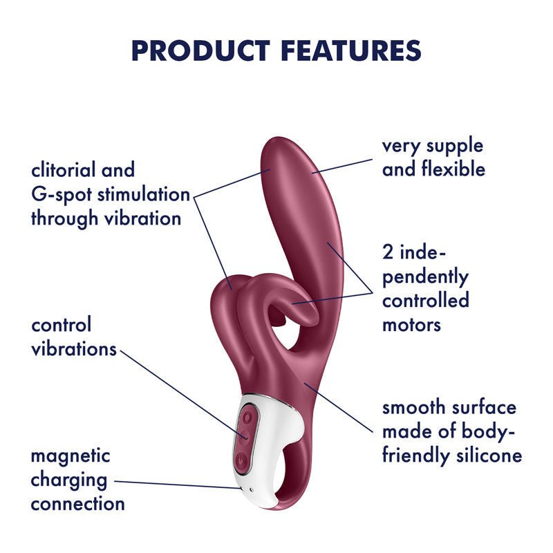 Satisfyer touch me - rabbit vibrator - red, Product side view, with specifications  | Flirtybay.com.au