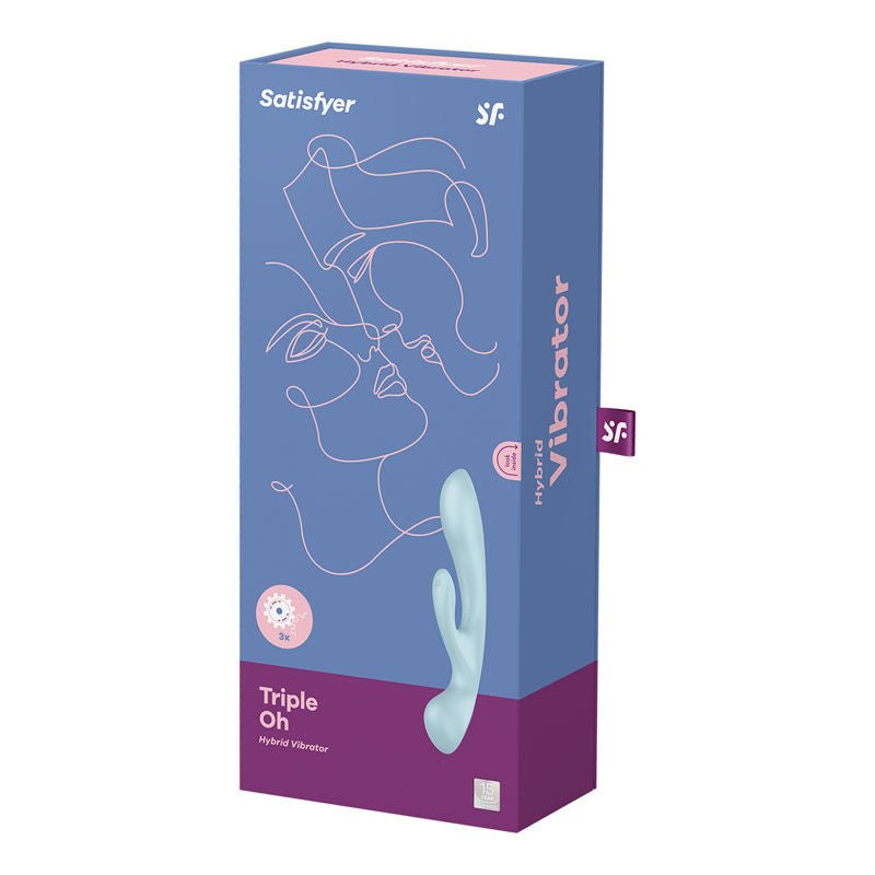 Satisfyer - triple oh - rabbit vibrator -  Blue, box side view | Flirtybay.com.au
