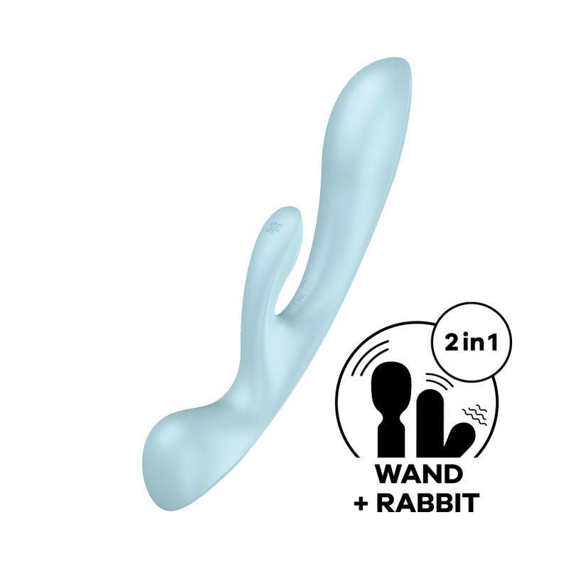 Satisfyer - triple oh - rabbit vibrator - Blue, Product side view  | Flirtybay.com.au