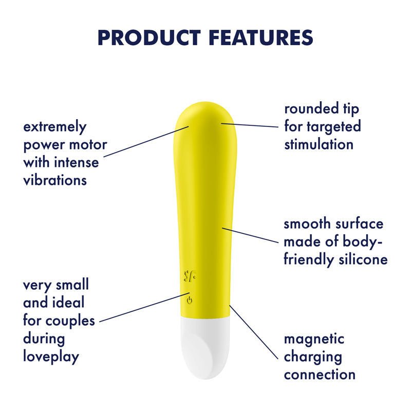 Satisfyer - ultra power bullet 1 vibrator - Yellow, Product front view, with specifications  | Flirtybay.com.au