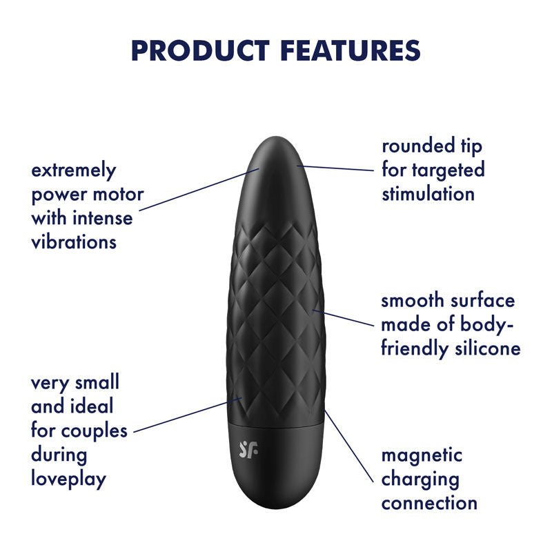 Satisfyer - ultra power bullet 5 vibrator - Black, Product front view, with specifications  | Flirtybay.com.au