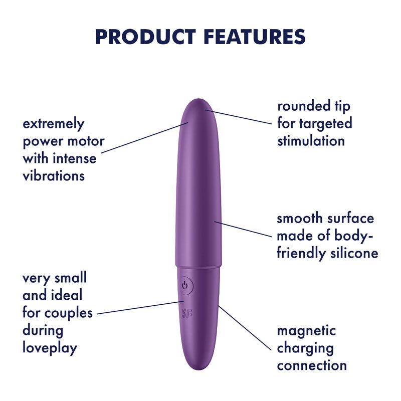 Satisfyer - ultra power bullet 6 clitoral vibrator - Purple, Product side view, with specifications  | Flirtybay.com.au