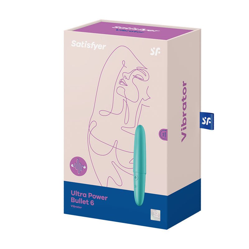 Satisfyer - ultra power bullet 6 clitoral vibrator - Turquoise,  box side view | Flirtybay.com.au