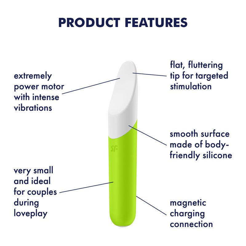 Satisfyer - ultra power bullet 7 clitoral vibrator - Green, Product front view, with specifications  | Flirtybay.com.au