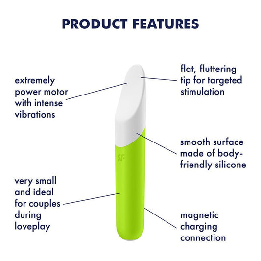Satisfyer - ultra power bullet 7 clitoral vibrator - Green, Product front view, with specifications  | Flirtybay.com.au