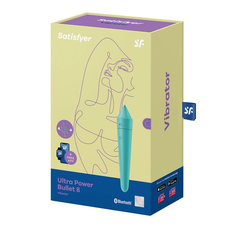 Satisfyer - ultra power bullet 8 -  app controlled clitoral vibrator -  Turquoise, box side view | Flirtybay.com.au
