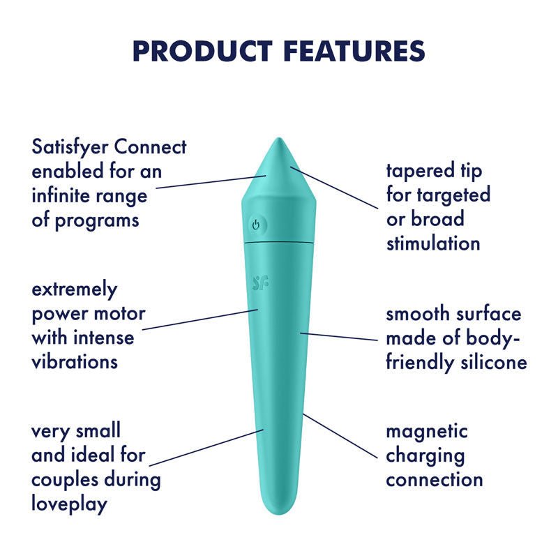 Satisfyer - ultra power bullet 8 -  app controlled clitoral vibrator - Turquoise, Product front view, with specifications  | Flirtybay.com.au